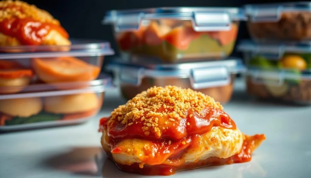 A beautifully lit close-up photograph of neatly stacked chicken parmesan dishes, each adorned with a vibrant marinara sauce and a golden-brown breadcrumb crust. The foreground features a single serve-sized portion, the middle ground showcases a larger family-sized container, and the background softly depicts additional reusable storage containers. Soft, even lighting from above casts gentle shadows, highlighting the succulent texture of the chicken and the glossy sheen of the sauce. The overall composition conveys a sense of culinary preparedness and flavorful preservation, perfectly suited for a "Storage and Reheating Tips" section. A beautifully lit close-up photograph of neatly stacked chicken parmesan dishes, each adorned with a vibrant marinara sauce and a golden-brown breadcrumb crust. The foreground features a single serve-sized portion, the middle ground showcases a larger family-sized container, and the background softly depicts additional reusable storage containers. Soft, even lighting from above casts gentle shadows, highlighting the succulent texture of the chicken and the glossy sheen of the sauce. The overall composition conveys a sense of culinary preparedness and flavorful preservation, perfectly suited for a "Storage and Reheating Tips" section.