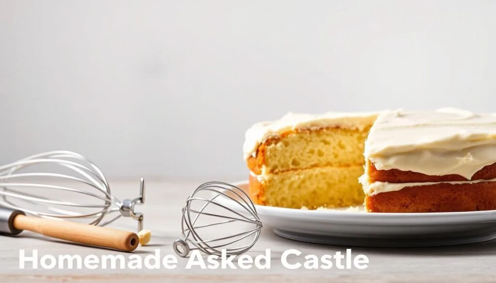 A beautifully lit, high-resolution image of a vanilla cake with creamy frosting, set against a clean white backdrop. In the foreground, there are several baking tips displayed in a visually appealing layout, such as a whisk, a measuring cup, and a mixer attachment. The middle ground features a freshly baked vanilla cake, sliced to reveal its moist, tender crumb. The background has a soft, diffused lighting, creating a warm and inviting atmosphere, perfect for illustrating a "Frequently Asked Questions" section on homemade vanilla cake baking. A beautifully lit, high-resolution image of a vanilla cake with creamy frosting, set against a clean white backdrop. In the foreground, there are several baking tips displayed in a visually appealing layout, such as a whisk, a measuring cup, and a mixer attachment. The middle ground features a freshly baked vanilla cake, sliced to reveal its moist, tender crumb. The background has a soft, diffused lighting, creating a warm and inviting atmosphere, perfect for illustrating a "Frequently Asked Questions" section on homemade vanilla cake baking.