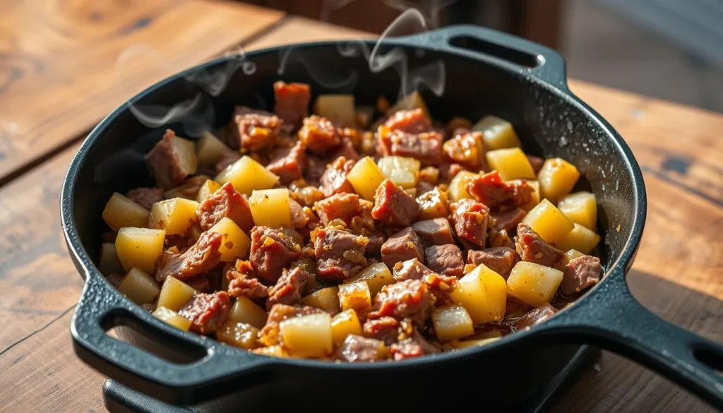 A close-up shot of a cast-iron skillet on a rustic wooden table, filled with a sizzling mixture of diced potatoes, onions, and cubes of tender corned beef. The ingredients are cooking over a medium-high heat, creating a golden-brown crust on the surface. Wisps of steam rise from the pan, hinting at the savory aromas. The lighting is warm and natural, casting gentle shadows that accentuate the textural details of the ingredients. The composition is framed to showcase the cooking process, allowing the viewer to imagine the satisfying crunch and flavor of this classic homemade corned beef hash.