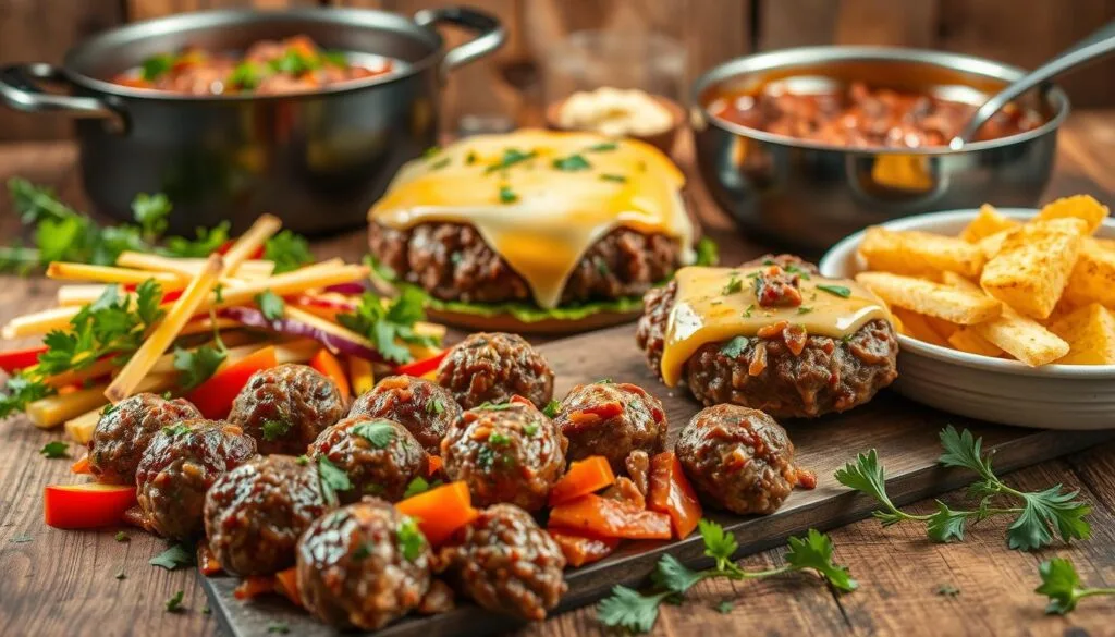 A delectable spread of creative ground beef recipes, artfully arranged on a rustic wooden surface. In the foreground, succulent meatballs nestled amidst a vibrant array of colorful vegetables, herbs, and spices. In the middle ground, a juicy beef patty topped with melted cheese, accompanied by a side of roasted potatoes. In the background, a simmering pot of savory beef chili, its steam gently rising. Soft, natural lighting casts a warm glow over the scene, highlighting the textures and flavors of these innovative ground beef combinations. The overall atmosphere is one of inviting, homemade comfort, inspiring the viewer to experiment with new and exciting ways to enjoy this versatile ingredient. A delectable spread of creative ground beef recipes, artfully arranged on a rustic wooden surface. In the foreground, succulent meatballs nestled amidst a vibrant array of colorful vegetables, herbs, and spices. In the middle ground, a juicy beef patty topped with melted cheese, accompanied by a side of roasted potatoes. In the background, a simmering pot of savory beef chili, its steam gently rising. Soft, natural lighting casts a warm glow over the scene, highlighting the textures and flavors of these innovative ground beef combinations. The overall atmosphere is one of inviting, homemade comfort, inspiring the viewer to experiment with new and exciting ways to enjoy this versatile ingredient.