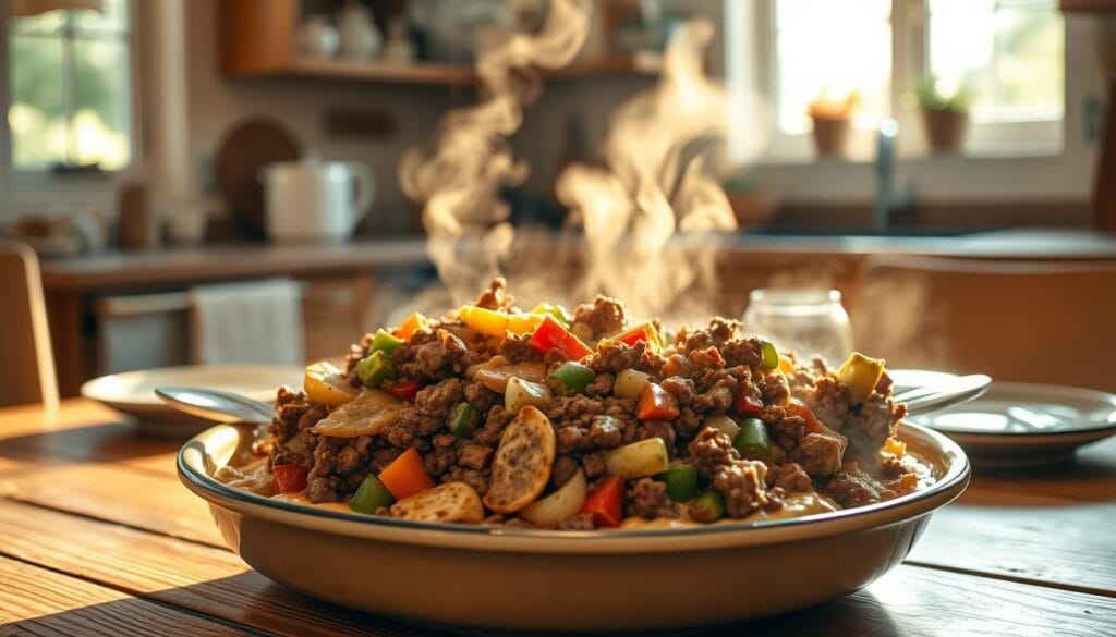 A delectable, wholesome ground beef casserole takes center stage in a bright, inviting kitchen. The casserole dish is filled with steaming, savory ground beef, tender vegetables, and a creamy, flavorful sauce, beckoning to be served. Natural light floods the scene, casting a warm, golden glow over the scene. The casserole sits atop a rustic wooden table, surrounded by simple, minimalist dishware. The overall mood is one of comfort, nourishment, and family-friendly appeal. A delectable, wholesome ground beef casserole takes center stage in a bright, inviting kitchen. The casserole dish is filled with steaming, savory ground beef, tender vegetables, and a creamy, flavorful sauce, beckoning to be served. Natural light floods the scene, casting a warm, golden glow over the scene. The casserole sits atop a rustic wooden table, surrounded by simple, minimalist dishware. The overall mood is one of comfort, nourishment, and family-friendly appeal.