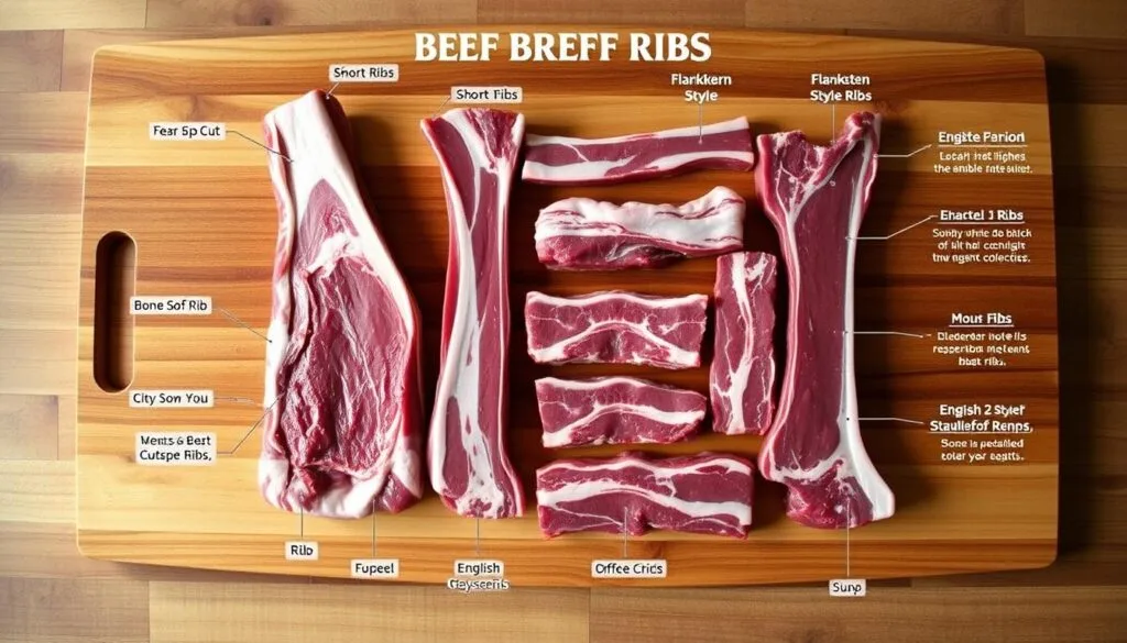 A detailed, technical guide to different cuts of beef ribs, displayed on a wooden cutting board. The ribs are arranged in a grid pattern, with clear labels and annotations highlighting the key characteristics of each cut - bone-in short ribs, flanken-style ribs, English-style ribs, and more. The lighting is soft and natural, with gentle shadows accentuating the textures and colors of the meat. The background is a simple, uncluttered wood grain, allowing the ribs to be the central focus. The overall mood is informative and authoritative, providing a comprehensive visual reference for choosing the ideal beef rib cut.