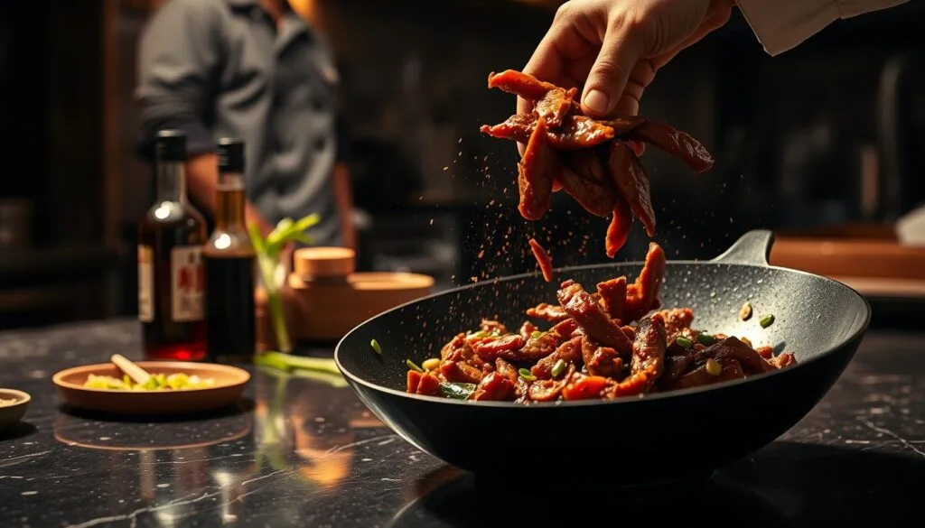 A dimly lit kitchen countertop, the surface glistening with the rich brown sauce of simmered Mongolian beef. In the foreground, a chef's hand delicately tosses slices of beef, seasoned with toasted garlic, ginger, and a hint of spice. Sizzling wok action creates a captivating focal point, the beef searing to a perfect char. In the middle ground, a selection of prep ingredients - scallions, sesame seeds, and a bottle of soy sauce - stand ready to elevate the dish. The background fades into a blurred, moody ambiance, evoking the warm, convivial atmosphere of a beloved restaurant kitchen. Dramatic lighting casts dramatic shadows, lending an air of professional mastery to the scene. A dimly lit kitchen countertop, the surface glistening with the rich brown sauce of simmered Mongolian beef. In the foreground, a chef's hand delicately tosses slices of beef, seasoned with toasted garlic, ginger, and a hint of spice. Sizzling wok action creates a captivating focal point, the beef searing to a perfect char. In the middle ground, a selection of prep ingredients - scallions, sesame seeds, and a bottle of soy sauce - stand ready to elevate the dish. The background fades into a blurred, moody ambiance, evoking the warm, convivial atmosphere of a beloved restaurant kitchen. Dramatic lighting casts dramatic shadows, lending an air of professional mastery to the scene.