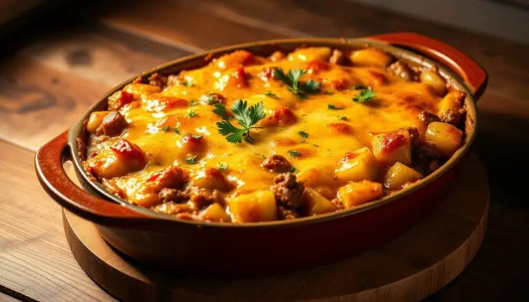A golden-brown casserole dish filled with a bubbly, cheesy ground beef and potato mixture, garnished with fresh parsley. The potatoes are fork-tender, the beef is savory and the cheese has a delightful melty, gooey texture. Warm, inviting lighting illuminates the dish, casting a cozy glow. The casserole is presented on a rustic wooden surface, creating a homey, comforting scene. Subtle shadows add depth and dimension, while the overall composition is balanced and visually appealing.