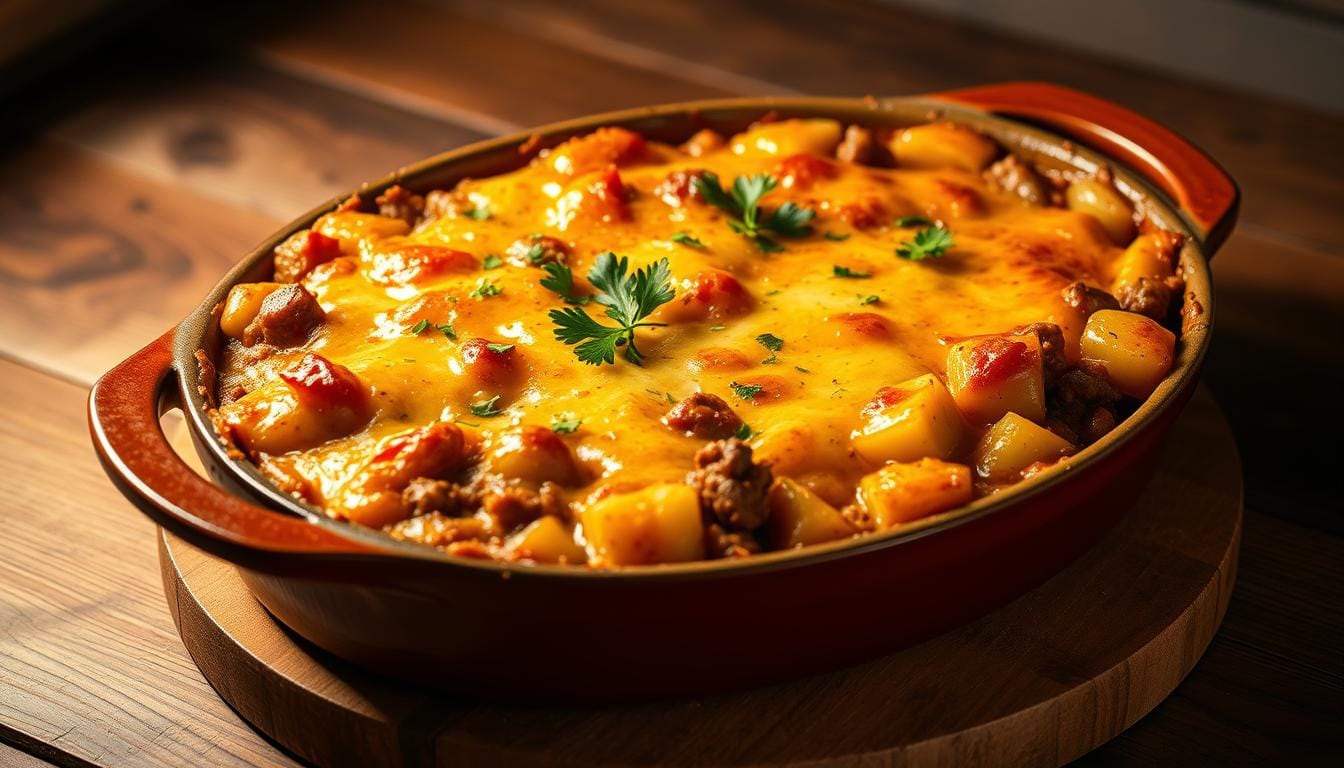 A golden-brown casserole dish filled with a bubbly, cheesy ground beef and potato mixture, garnished with fresh parsley. The potatoes are fork-tender, the beef is savory and the cheese has a delightful melty, gooey texture. Warm, inviting lighting illuminates the dish, casting a cozy glow. The casserole is presented on a rustic wooden surface, creating a homey, comforting scene. Subtle shadows add depth and dimension, while the overall composition is balanced and visually appealing.