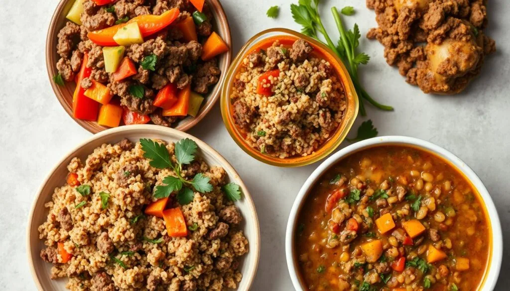 A high-quality, close-up image of a variety of healthy ground beef dishes, arranged in a visually appealing composition against a clean, neutral background. The dishes could include a lean ground beef and vegetable stir-fry, a beef and quinoa stuffed bell pepper, a ground beef and sweet potato hash, and a ground beef and lentil soup. The lighting should be natural and soft, highlighting the vibrant colors and textures of the healthy ingredients. The overall mood should be fresh, nutritious, and inviting, conveying the idea of tasty, wholesome ground beef recipes. A high-quality, close-up image of a variety of healthy ground beef dishes, arranged in a visually appealing composition against a clean, neutral background. The dishes could include a lean ground beef and vegetable stir-fry, a beef and quinoa stuffed bell pepper, a ground beef and sweet potato hash, and a ground beef and lentil soup. The lighting should be natural and soft, highlighting the vibrant colors and textures of the healthy ingredients. The overall mood should be fresh, nutritious, and inviting, conveying the idea of tasty, wholesome ground beef recipes.