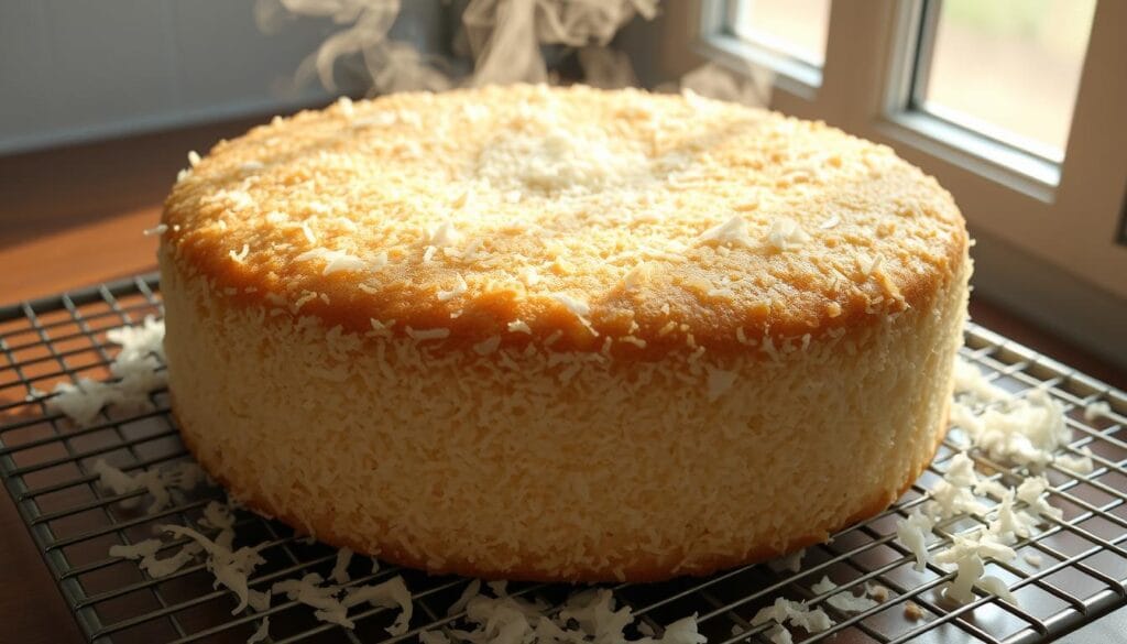 A large, fluffy coconut cake rests on a wire cooling rack, steam gently rising from its golden-brown surface. The cake is surrounded by a scattering of freshly grated coconut, adding texture and aroma. Soft afternoon light filters through a nearby window, casting a warm glow and highlighting the cake's moist, tender crumb. The scene conveys a sense of anticipation, as the cake awaits the next steps in the layering and decorating process. The camera angle is slightly elevated, giving the viewer a bird's-eye perspective of the cooling cake, ready to be transformed into a delightful homemade dessert. A large, fluffy coconut cake rests on a wire cooling rack, steam gently rising from its golden-brown surface. The cake is surrounded by a scattering of freshly grated coconut, adding texture and aroma. Soft afternoon light filters through a nearby window, casting a warm glow and highlighting the cake's moist, tender crumb. The scene conveys a sense of anticipation, as the cake awaits the next steps in the layering and decorating process. The camera angle is slightly elevated, giving the viewer a bird's-eye perspective of the cooling cake, ready to be transformed into a delightful homemade dessert.
