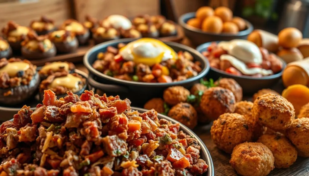 A lush, appetizing display of corned beef hash variations, captured with warm, natural lighting and a close-up, three-quarter angle. In the foreground, a hearty serving of classic corned beef hash, its crispy edges and tender interior beckoning. Surrounding it, an array of creative twists - a vibrant tray of corned beef hash stuffed mushrooms, a skillet of hash topped with poached eggs and hollandaise, and a colorful pile of hash croquettes, each golden-brown and crunchy. The mid-ground features additional variations, perhaps a hash hash with roasted veggies or a hash-filled breakfast burrito. In the background, hints of a rustic kitchen setting, with wood tones and subtle textures. The overall mood is inviting, mouthwatering, and celebrates the versatility of this classic comfort food.