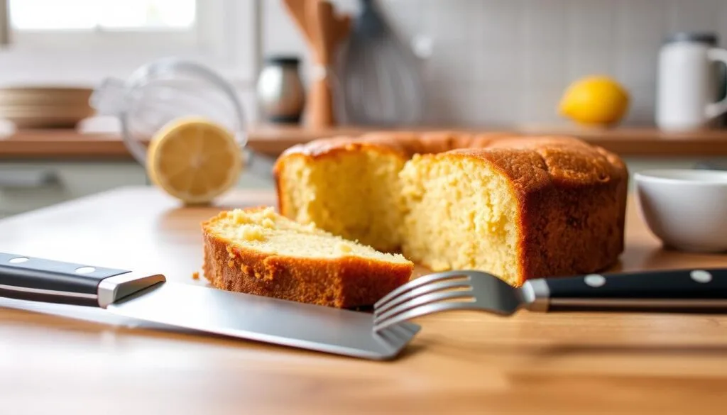A meticulously styled kitchen counter showcases a partially sliced lemon pound cake, its golden-brown crust hinting at potential baking issues. In the foreground, a chef's knife and a fork suggest the investigative process. In the middle ground, a selection of baking tools - a whisk, a spatula, and measuring cups - stand ready to assist in troubleshooting. The background features a soft, diffused lighting, casting a warm glow over the scene, evoking a contemplative atmosphere. The overall composition conveys a sense of thoughtful problem-solving, inviting the viewer to delve into the intricacies of perfecting this classic dessert. A meticulously styled kitchen counter showcases a partially sliced lemon pound cake, its golden-brown crust hinting at potential baking issues. In the foreground, a chef's knife and a fork suggest the investigative process. In the middle ground, a selection of baking tools - a whisk, a spatula, and measuring cups - stand ready to assist in troubleshooting. The background features a soft, diffused lighting, casting a warm glow over the scene, evoking a contemplative atmosphere. The overall composition conveys a sense of thoughtful problem-solving, inviting the viewer to delve into the intricacies of perfecting this classic dessert.
