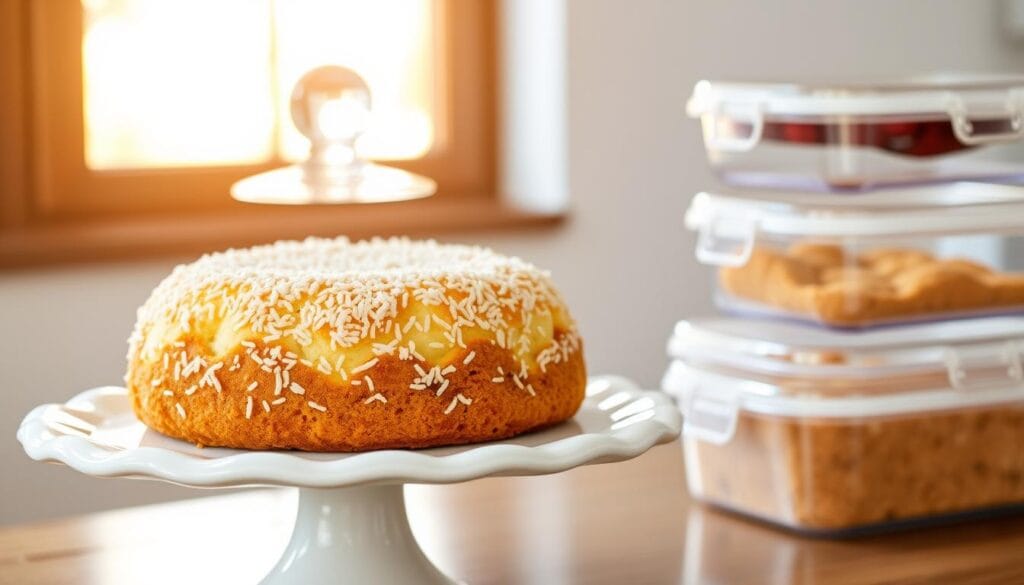 A pristine white ceramic cake stand, its glass dome gently reflecting the warm, natural lighting from a nearby window. On the stand, a freshly baked homemade coconut cake, its moist, golden crumb dusted with a light layer of shredded coconut. Beside the cake, a set of airtight food storage containers, their lids secured tightly to preserve the cake's flavor and texture. The scene conveys a sense of culinary care and attention to detail, inviting the viewer to imagine the delightful flavors and textures of this classic homemade dessert. A pristine white ceramic cake stand, its glass dome gently reflecting the warm, natural lighting from a nearby window. On the stand, a freshly baked homemade coconut cake, its moist, golden crumb dusted with a light layer of shredded coconut. Beside the cake, a set of airtight food storage containers, their lids secured tightly to preserve the cake's flavor and texture. The scene conveys a sense of culinary care and attention to detail, inviting the viewer to imagine the delightful flavors and textures of this classic homemade dessert.