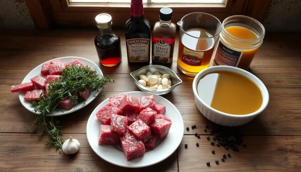 A rustic wooden table, its surface illuminated by natural daylight filtering through a window. Neatly arranged on the table are the essential ingredients for a delectable beef tips recipe: tender beef cubes, fresh thyme sprigs, a bowl of aromatic garlic cloves, a jar of Worcestershire sauce, a container of beef broth, and a sprinkling of fragrant black peppercorns. The scene conveys a sense of culinary preparation, inviting the viewer to imagine the savory, comforting dish that will soon be prepared from these humble yet flavorful components. A rustic wooden table, its surface illuminated by natural daylight filtering through a window. Neatly arranged on the table are the essential ingredients for a delectable beef tips recipe: tender beef cubes, fresh thyme sprigs, a bowl of aromatic garlic cloves, a jar of Worcestershire sauce, a container of beef broth, and a sprinkling of fragrant black peppercorns. The scene conveys a sense of culinary preparation, inviting the viewer to imagine the savory, comforting dish that will soon be prepared from these humble yet flavorful components.