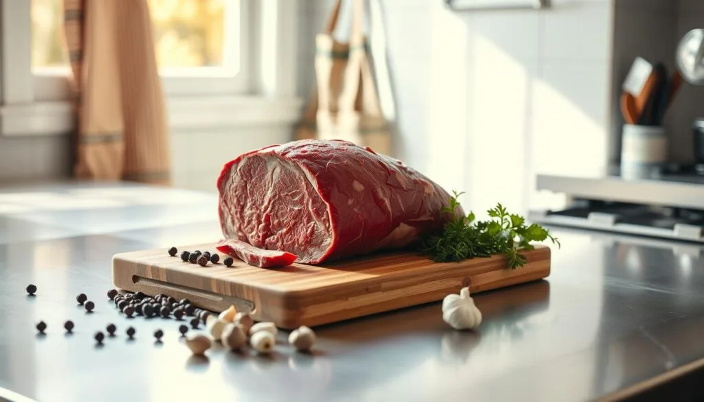 A stainless steel kitchen counter, illuminated by soft, natural light filtering through a nearby window. Atop the counter, a wooden cutting board holds a sizable beef brisket, freshly trimmed of excess fat. Surrounding the brisket are various mise en place, including whole peppercorns, garlic cloves, and a bundle of fresh herbs. In the background, a vintage-inspired apron hangs on a wall hook, hinting at the preparations to come. The scene conveys a sense of culinary expertise and thoughtful, methodical cooking. A stainless steel kitchen counter, illuminated by soft, natural light filtering through a nearby window. Atop the counter, a wooden cutting board holds a sizable beef brisket, freshly trimmed of excess fat. Surrounding the brisket are various mise en place, including whole peppercorns, garlic cloves, and a bundle of fresh herbs. In the background, a vintage-inspired apron hangs on a wall hook, hinting at the preparations to come. The scene conveys a sense of culinary expertise and thoughtful, methodical cooking.