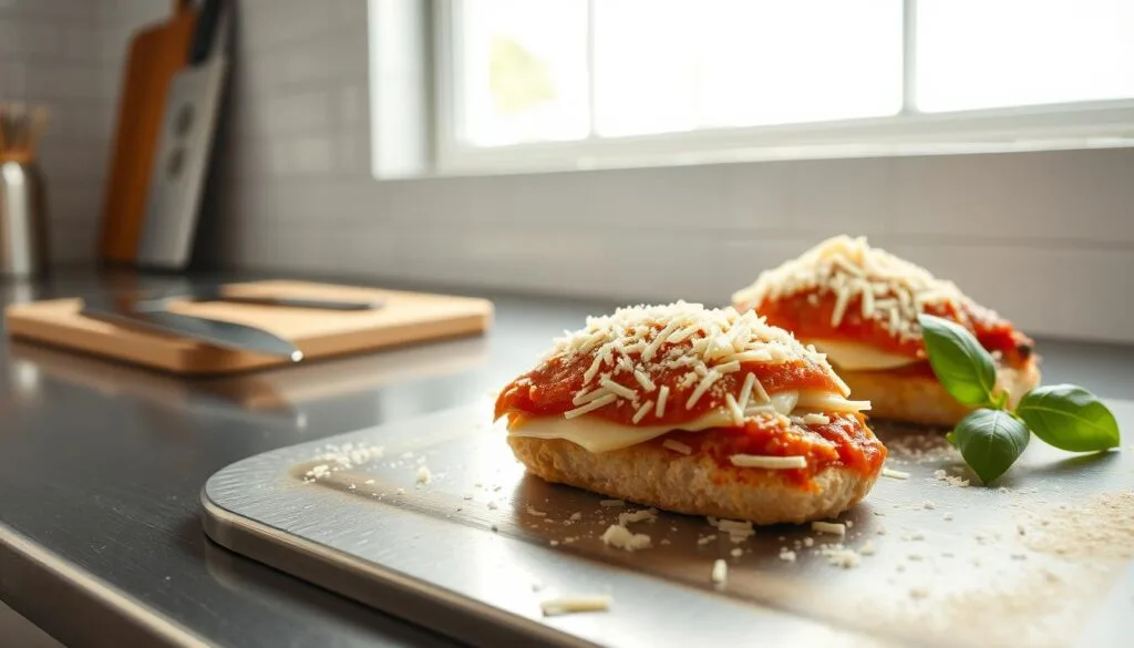 A stainless steel kitchen counter with a white tile backsplash serves as the stage for the assembly of a delectable Chicken Parmesan. In the foreground, golden brown chicken breasts are carefully layered with marinara sauce and shredded mozzarella cheese. A dusting of freshly grated Parmesan adds a savory finishing touch. Warm, soft breadcrumbs are gently pressed into the cheese, creating a crisp, golden crust. The scene is bathed in the soft, even light of a large window, casting a natural, homey glow. A chef's knife and cutting board stand ready, while a sprig of fresh basil adds a vibrant pop of color, hinting at the fresh, aromatic flavors to come. A stainless steel kitchen counter with a white tile backsplash serves as the stage for the assembly of a delectable Chicken Parmesan. In the foreground, golden brown chicken breasts are carefully layered with marinara sauce and shredded mozzarella cheese. A dusting of freshly grated Parmesan adds a savory finishing touch. Warm, soft breadcrumbs are gently pressed into the cheese, creating a crisp, golden crust. The scene is bathed in the soft, even light of a large window, casting a natural, homey glow. A chef's knife and cutting board stand ready, while a sprig of fresh basil adds a vibrant pop of color, hinting at the fresh, aromatic flavors to come.