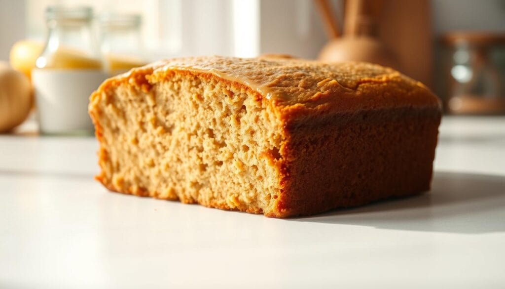 A well-lit, close-up photograph of a deliciously moist banana cake, freshly baked and ready for storage. The cake is presented on a clean, white surface, showcasing its golden-brown crust and enticing aroma. The frame captures the cake from an elevated angle, emphasizing its soft, tender crumb and the inviting texture of the frosting or glaze. The lighting is warm and natural, creating a cozy, homely atmosphere. In the background, a few simple kitchen utensils or decorative elements add a touch of elegance, hinting at the care and attention put into the cake's preparation. The overall composition is visually appealing, enticing the viewer to consider the best ways to store and preserve this tempting treat.