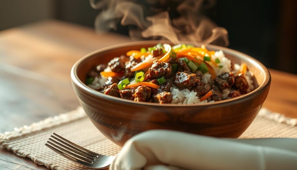 Appetizing ground beef rice bowl in a rustic wooden bowl, steam rising from the steaming hot meal. Tender beef morsels nestled among fragrant basmati rice, garnished with fresh chopped scallions, slivers of crisp carrot, and a drizzle of savory sauce. Warm golden lighting illuminates the dish, casting a comforting glow. The bowl sits atop a natural wood surface, with a simple placemat and metal fork in the foreground. The background is softly blurred, placing the nutritious and filling ground beef bowl in the spotlight. An inviting, wholesome scene that captures the essence of a satisfying weeknight meal. Appetizing ground beef rice bowl in a rustic wooden bowl, steam rising from the steaming hot meal. Tender beef morsels nestled among fragrant basmati rice, garnished with fresh chopped scallions, slivers of crisp carrot, and a drizzle of savory sauce. Warm golden lighting illuminates the dish, casting a comforting glow. The bowl sits atop a natural wood surface, with a simple placemat and metal fork in the foreground. The background is softly blurred, placing the nutritious and filling ground beef bowl in the spotlight. An inviting, wholesome scene that captures the essence of a satisfying weeknight meal.