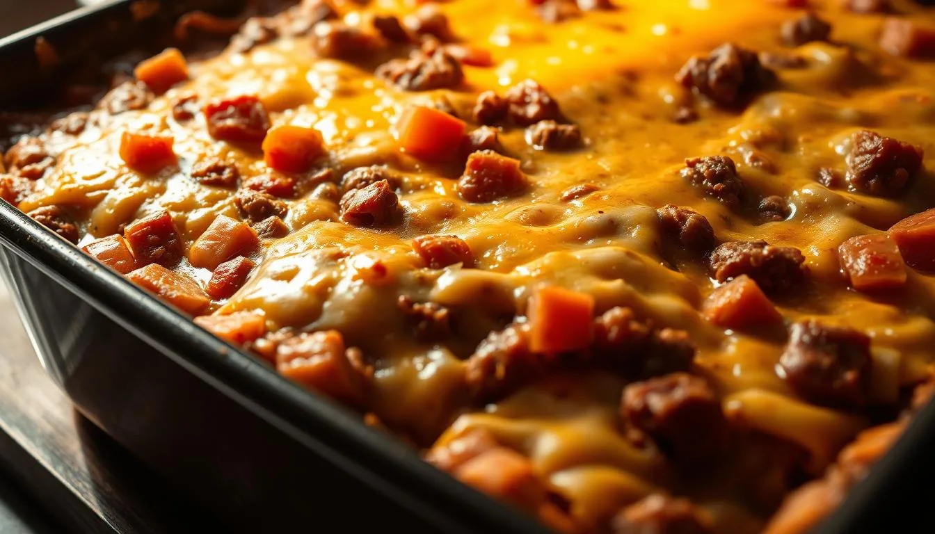 Cheesy ground beef casserole in a deep baking dish, layered with seasoned ground beef, melted cheddar and mozzarella cheese, diced tomatoes, and a creamy sauce. The casserole is illuminated by warm, soft lighting from the side, casting shadows and highlights that enhance the gooey, bubbly texture of the cheese. The dish is shot from a low angle, filling the frame and showcasing the rich, comforting appearance of this family-friendly meal. The background is blurred, keeping the focus on the appetizing casserole.