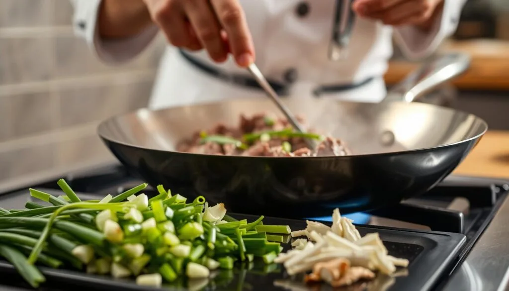 Detailed close-up shot of a chef's hands skillfully preparing Mongolian beef, sizzling wok on a stove with aromatic steam rising, freshly chopped scallions, garlic, and ginger in the foreground, soft lighting creating a warm, inviting atmosphere, camera angle slightly elevated to showcase the cooking technique in action, creating a mouthwatering scene that captures the essence of the step-by-step cooking instructions. Detailed close-up shot of a chef's hands skillfully preparing Mongolian beef, sizzling wok on a stove with aromatic steam rising, freshly chopped scallions, garlic, and ginger in the foreground, soft lighting creating a warm, inviting atmosphere, camera angle slightly elevated to showcase the cooking technique in action, creating a mouthwatering scene that captures the essence of the step-by-step cooking instructions.
