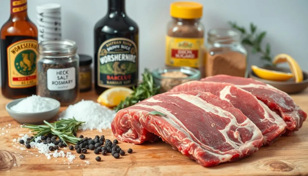 High-resolution, detailed still life photograph of a wooden kitchen counter or table, with various ingredients and seasonings for beef ribs arranged on it. In the foreground, there are thick beef short ribs, coarse sea salt, black peppercorns, a bundle of fresh rosemary, and a jar of barbecue rub. In the middle ground, a glass bottle of Worcestershire sauce, a jar of dijon mustard, and a small bowl of brown sugar. In the background, a few stray sprigs of thyme, a lemon wedge, and a small dish of garlic cloves. The lighting is natural, with soft shadows and highlights that accentuate the textures and colors of the ingredients. The overall mood is rustic and inviting, evoking the comforting flavors of a delicious beef ribs recipe.