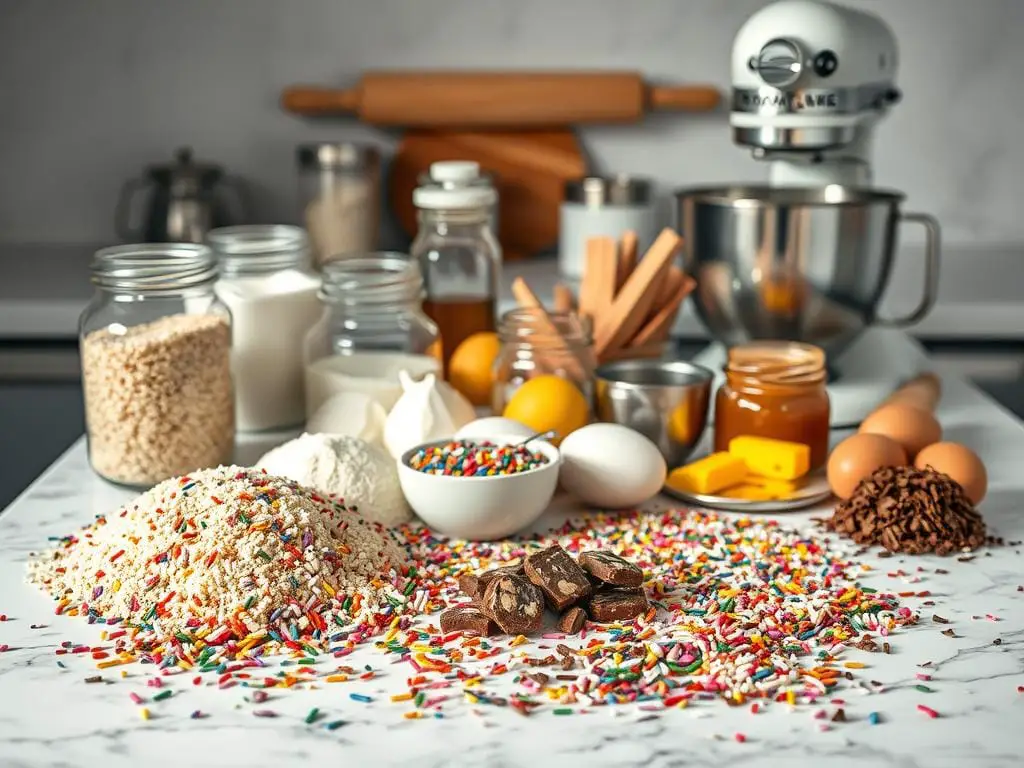 A bountiful display of essential birthday cake ingredients arranged artfully on a pristine, white marble countertop. In the foreground, a vibrant array of colorful sprinkles, chocolate shavings, and assorted decorative toppings. The middle ground features a collection of baking essentials - flour, sugar, eggs, butter, and vanilla extract in glass jars and stainless-steel bowls. In the background, a vintage-inspired stand mixer and a rolling pin provide a sense of kitchen preparation. Soft, diffused lighting casts a warm, inviting glow over the scene, highlighting the textures and colors of the ingredients. The overall atmosphere evokes a sense of anticipation and excitement for the creation of a homemade birthday treat. A bountiful display of essential birthday cake ingredients arranged artfully on a pristine, white marble countertop. In the foreground, a vibrant array of colorful sprinkles, chocolate shavings, and assorted decorative toppings. The middle ground features a collection of baking essentials - flour, sugar, eggs, butter, and vanilla extract in glass jars and stainless-steel bowls. In the background, a vintage-inspired stand mixer and a rolling pin provide a sense of kitchen preparation. Soft, diffused lighting casts a warm, inviting glow over the scene, highlighting the textures and colors of the ingredients. The overall atmosphere evokes a sense of anticipation and excitement for the creation of a homemade birthday treat.