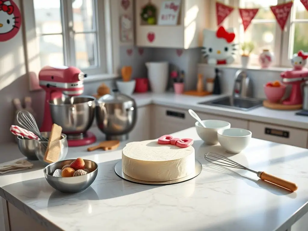 A breezy, well-lit kitchen scene with a Hello Kitty-themed cake baking process at the center. On a marble countertop, an adorable Hello Kitty-shaped cake base sits alongside mixing bowls, whisks, and other baking supplies. Soft natural light from a nearby window illuminates the scene, casting gentle shadows. In the background, whimsical Hello Kitty-inspired decor and appliances add to the cozy, homemade atmosphere. The overall mood is one of cheerful creativity and the joy of baking. The angle is slightly elevated, providing a bird's-eye view of the entire baking setup. A breezy, well-lit kitchen scene with a Hello Kitty-themed cake baking process at the center. On a marble countertop, an adorable Hello Kitty-shaped cake base sits alongside mixing bowls, whisks, and other baking supplies. Soft natural light from a nearby window illuminates the scene, casting gentle shadows. In the background, whimsical Hello Kitty-inspired decor and appliances add to the cozy, homemade atmosphere. The overall mood is one of cheerful creativity and the joy of baking. The angle is slightly elevated, providing a bird's-eye view of the entire baking setup.