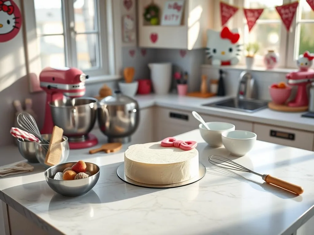 A breezy, well-lit kitchen scene with a Hello Kitty-themed cake baking process at the center. On a marble countertop, an adorable Hello Kitty-shaped cake base sits alongside mixing bowls, whisks, and other baking supplies. Soft natural light from a nearby window illuminates the scene, casting gentle shadows. In the background, whimsical Hello Kitty-inspired decor and appliances add to the cozy, homemade atmosphere. The overall mood is one of cheerful creativity and the joy of baking. The angle is slightly elevated, providing a bird's-eye view of the entire baking setup. A breezy, well-lit kitchen scene with a Hello Kitty-themed cake baking process at the center. On a marble countertop, an adorable Hello Kitty-shaped cake base sits alongside mixing bowls, whisks, and other baking supplies. Soft natural light from a nearby window illuminates the scene, casting gentle shadows. In the background, whimsical Hello Kitty-inspired decor and appliances add to the cozy, homemade atmosphere. The overall mood is one of cheerful creativity and the joy of baking. The angle is slightly elevated, providing a bird's-eye view of the entire baking setup.