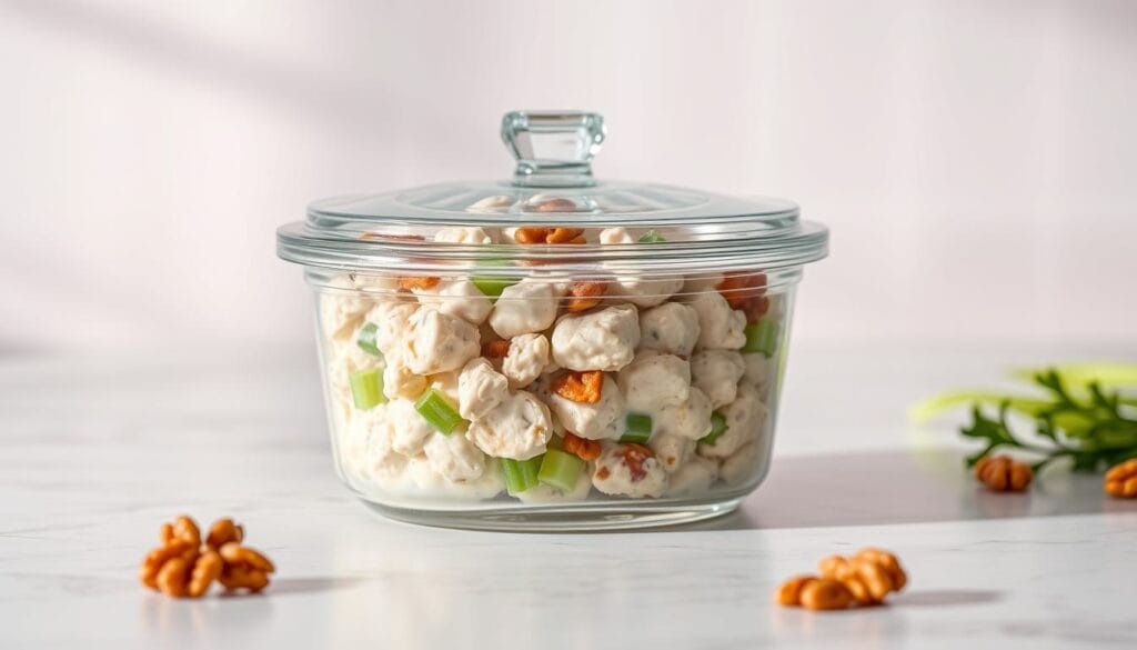 A clean, well-lit kitchen counter with a glass container filled with creamy chicken salad, garnished with crunchy celery and toasted walnuts. The container has an airtight lid, casting subtle shadows on the smooth surface. In the background, a soft gradient of soothing pastel colors creates a calming atmosphere, hinting at the freshness and care taken in storing this delectable dish. A clean, well-lit kitchen counter with a glass container filled with creamy chicken salad, garnished with crunchy celery and toasted walnuts. The container has an airtight lid, casting subtle shadows on the smooth surface. In the background, a soft gradient of soothing pastel colors creates a calming atmosphere, hinting at the freshness and care taken in storing this delectable dish.