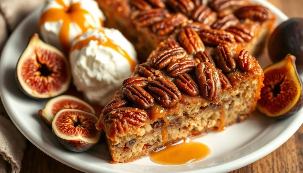 A close-up shot of a freshly baked pecan pie dump cake, with a generous slice placed on a white ceramic plate. The cake displays a golden-brown crust and a gooey, caramelized pecan topping that beckons to be savored. Surrounding the plate, an arrangement of fresh figs, a scoop of vanilla ice cream, and a drizzle of caramel sauce create a visually appealing and delectable serving suggestion. The image is captured under soft, warm lighting that enhances the autumnal tones, evoking a cozy and inviting atmosphere perfect for a fall dessert. A close-up shot of a freshly baked pecan pie dump cake, with a generous slice placed on a white ceramic plate. The cake displays a golden-brown crust and a gooey, caramelized pecan topping that beckons to be savored. Surrounding the plate, an arrangement of fresh figs, a scoop of vanilla ice cream, and a drizzle of caramel sauce create a visually appealing and delectable serving suggestion. The image is captured under soft, warm lighting that enhances the autumnal tones, evoking a cozy and inviting atmosphere perfect for a fall dessert.