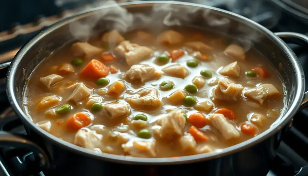 A close-up view of a large, heavy-bottomed saucepan simmering on a stovetop. The pan is filled with a rich, creamy chicken stew, the surface gently bubbling. Chunks of tender white meat chicken, diced carrots, peas, and onions are suspended in a thick, velvety sauce. Wisps of fragrant steam rise from the pot, hinting at the savory aroma. Soft, diffused lighting illuminates the scene, casting a warm, comforting glow. The camera angle captures the depth and texture of the filling, inviting the viewer to imagine the sumptuous taste and texture. This is the essential foundation for a delicious homemade chicken pot pie. A close-up view of a large, heavy-bottomed saucepan simmering on a stovetop. The pan is filled with a rich, creamy chicken stew, the surface gently bubbling. Chunks of tender white meat chicken, diced carrots, peas, and onions are suspended in a thick, velvety sauce. Wisps of fragrant steam rise from the pot, hinting at the savory aroma. Soft, diffused lighting illuminates the scene, casting a warm, comforting glow. The camera angle captures the depth and texture of the filling, inviting the viewer to imagine the sumptuous taste and texture. This is the essential foundation for a delicious homemade chicken pot pie.