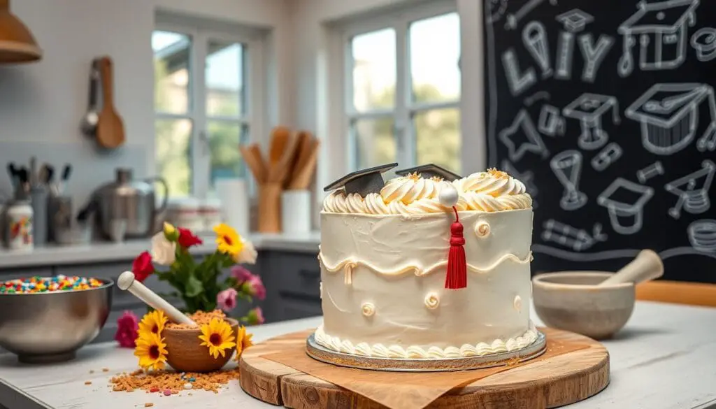 A cozy kitchen setting, bright and airy, with natural light streaming in from large windows. On the countertop, an assortment of baking tools and ingredients - a mixing bowl, whisk, spatula, and a vibrant array of colorful sprinkles, frosting, and piping bags. In the foreground, a half-decorated graduation cake, its surface smooth and shiny, with intricate patterns of buttercream swirls and edible decorations in the shape of graduation caps, tassels, and diplomas. The cake stands on a rustic wooden cutting board, surrounded by fresh flowers and a mortar and pestle filled with crushed graham crackers. The background features a chalkboard wall with hand-drawn sketches of graduation-themed designs, adding a homemade, DIY feel to the scene. A cozy kitchen setting, bright and airy, with natural light streaming in from large windows. On the countertop, an assortment of baking tools and ingredients - a mixing bowl, whisk, spatula, and a vibrant array of colorful sprinkles, frosting, and piping bags. In the foreground, a half-decorated graduation cake, its surface smooth and shiny, with intricate patterns of buttercream swirls and edible decorations in the shape of graduation caps, tassels, and diplomas. The cake stands on a rustic wooden cutting board, surrounded by fresh flowers and a mortar and pestle filled with crushed graham crackers. The background features a chalkboard wall with hand-drawn sketches of graduation-themed designs, adding a homemade, DIY feel to the scene.