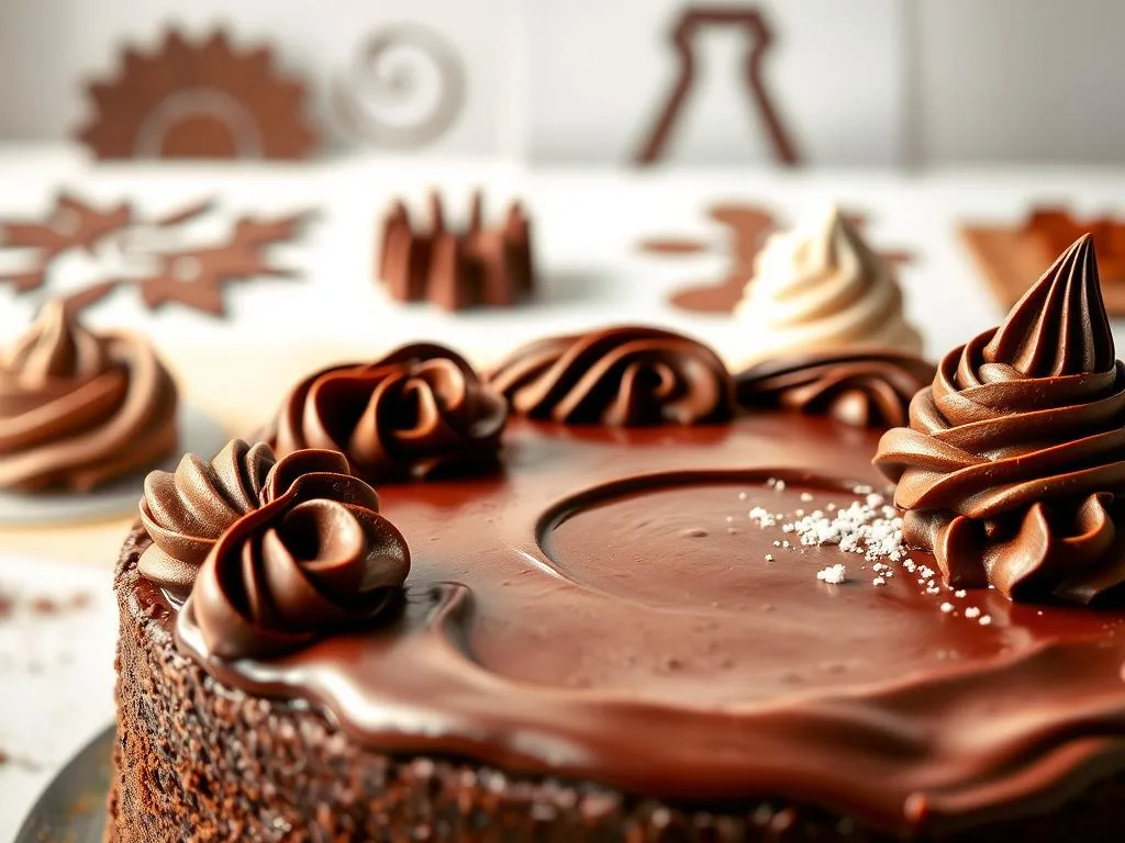 A delectable close-up of various chocolate cake decorating techniques. In the foreground, detailed piping and intricate swirls of rich, glossy chocolate ganache adorn the surface of a freshly baked chocolate cake. The middle ground showcases a variety of decorative elements, such as shaved chocolate curls, cocoa powder stencils, and a dusting of confectioner's sugar. The background provides a clean, softly-lit setting, allowing the visually-appealing decorations to be the central focus. Captured with a shallow depth of field and warm, natural lighting, this image exudes an atmosphere of artistry and culinary mastery, perfectly suited to illustrate the "Tips for Decorating Your Chocolate Cake" section. A delectable close-up of various chocolate cake decorating techniques. In the foreground, detailed piping and intricate swirls of rich, glossy chocolate ganache adorn the surface of a freshly baked chocolate cake. The middle ground showcases a variety of decorative elements, such as shaved chocolate curls, cocoa powder stencils, and a dusting of confectioner's sugar. The background provides a clean, softly-lit setting, allowing the visually-appealing decorations to be the central focus. Captured with a shallow depth of field and warm, natural lighting, this image exudes an atmosphere of artistry and culinary mastery, perfectly suited to illustrate the "Tips for Decorating Your Chocolate Cake" section.