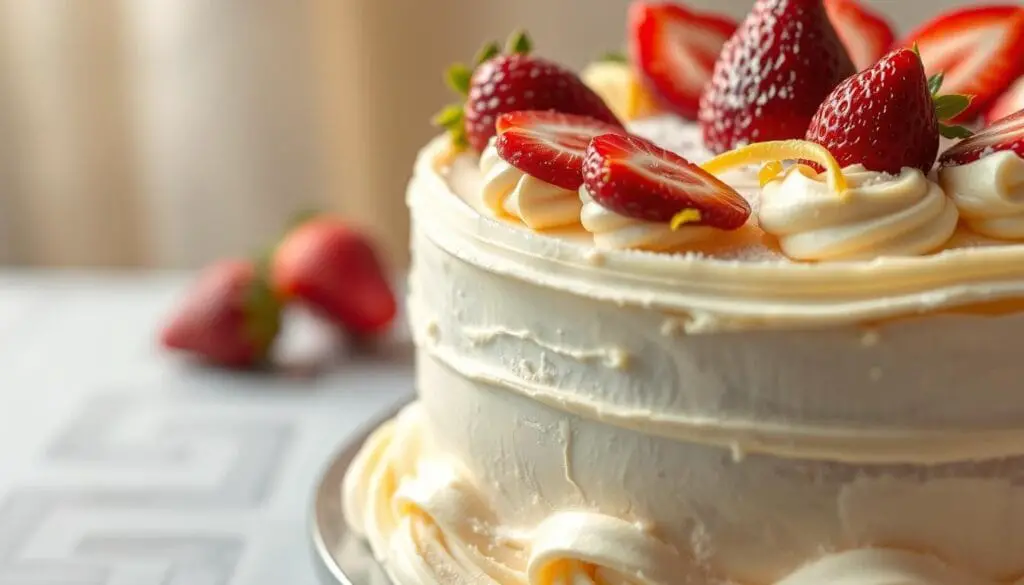 A delicate strawberry lemonade cake adorned with intricate decorations. In the foreground, smooth buttercream frosting swirls around the cake's edges, topped with fresh strawberry slices arranged in a visually appealing pattern. The middle layer features delicate lemon zest garnishes and a dusting of powdered sugar, creating a tantalizing contrast. The background showcases a soft, hazy lighting that casts a warm, summery glow, highlighting the cake's vibrant colors. A shallow depth of field emphasizes the cake's central focus, inviting the viewer to imagine the tangy-sweet flavors. The overall composition conveys a sense of sophistication and culinary artistry, perfectly suited to illustrate the "Tips for Decorating Your Strawberry Lemonade Cake" section. A delicate strawberry lemonade cake adorned with intricate decorations. In the foreground, smooth buttercream frosting swirls around the cake's edges, topped with fresh strawberry slices arranged in a visually appealing pattern. The middle layer features delicate lemon zest garnishes and a dusting of powdered sugar, creating a tantalizing contrast. The background showcases a soft, hazy lighting that casts a warm, summery glow, highlighting the cake's vibrant colors. A shallow depth of field emphasizes the cake's central focus, inviting the viewer to imagine the tangy-sweet flavors. The overall composition conveys a sense of sophistication and culinary artistry, perfectly suited to illustrate the "Tips for Decorating Your Strawberry Lemonade Cake" section.