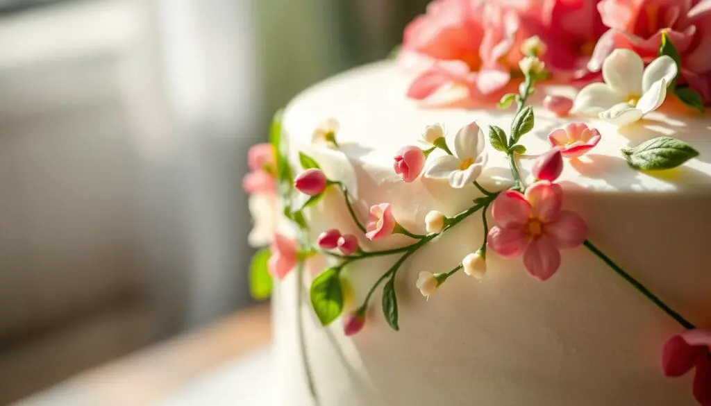 A detailed, artistically composed close-up of an elegantly decorated floral cake, with vibrant, lifelike petals and leaves cascading over the smooth, fondant-covered surface. The cake is illuminated by soft, natural lighting from an angle, casting gentle shadows and highlights that accentuate the delicate textures and intricate piping work. The foreground showcases an array of delicate sugar flowers, buds, and greenery, meticulously crafted and arranged in a harmonious, organic composition. The middle ground features the cake's clean, pristine silhouette, while the background is blurred, creating a sense of depth and focus on the captivating floral design. The overall mood is one of feminine sophistication, refined artistry, and a celebratory, joyful spirit. A detailed, artistically composed close-up of an elegantly decorated floral cake, with vibrant, lifelike petals and leaves cascading over the smooth, fondant-covered surface. The cake is illuminated by soft, natural lighting from an angle, casting gentle shadows and highlights that accentuate the delicate textures and intricate piping work. The foreground showcases an array of delicate sugar flowers, buds, and greenery, meticulously crafted and arranged in a harmonious, organic composition. The middle ground features the cake's clean, pristine silhouette, while the background is blurred, creating a sense of depth and focus on the captivating floral design. The overall mood is one of feminine sophistication, refined artistry, and a celebratory, joyful spirit.