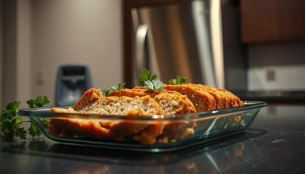 A dimly lit kitchen counter showcases a glass dish containing leftover slices of golden-brown chicken meatloaf, garnished with fresh parsley sprigs. The meatloaf is neatly arranged, inviting the viewer to imagine the savory, garlicky flavors. In the background, a high-quality stainless steel refrigerator stands ready to preserve the dish, its modern design contrasting with the homey comfort of the meatloaf. Warm, soft lighting from above creates a cozy, inviting atmosphere, while a slight depth of field blur softens the edges, drawing the eye to the focal point of the meatloaf. The overall scene conveys a sense of care and attention to detail in storing and preserving the delicious leftovers. A dimly lit kitchen counter showcases a glass dish containing leftover slices of golden-brown chicken meatloaf, garnished with fresh parsley sprigs. The meatloaf is neatly arranged, inviting the viewer to imagine the savory, garlicky flavors. In the background, a high-quality stainless steel refrigerator stands ready to preserve the dish, its modern design contrasting with the homey comfort of the meatloaf. Warm, soft lighting from above creates a cozy, inviting atmosphere, while a slight depth of field blur softens the edges, drawing the eye to the focal point of the meatloaf. The overall scene conveys a sense of care and attention to detail in storing and preserving the delicious leftovers.