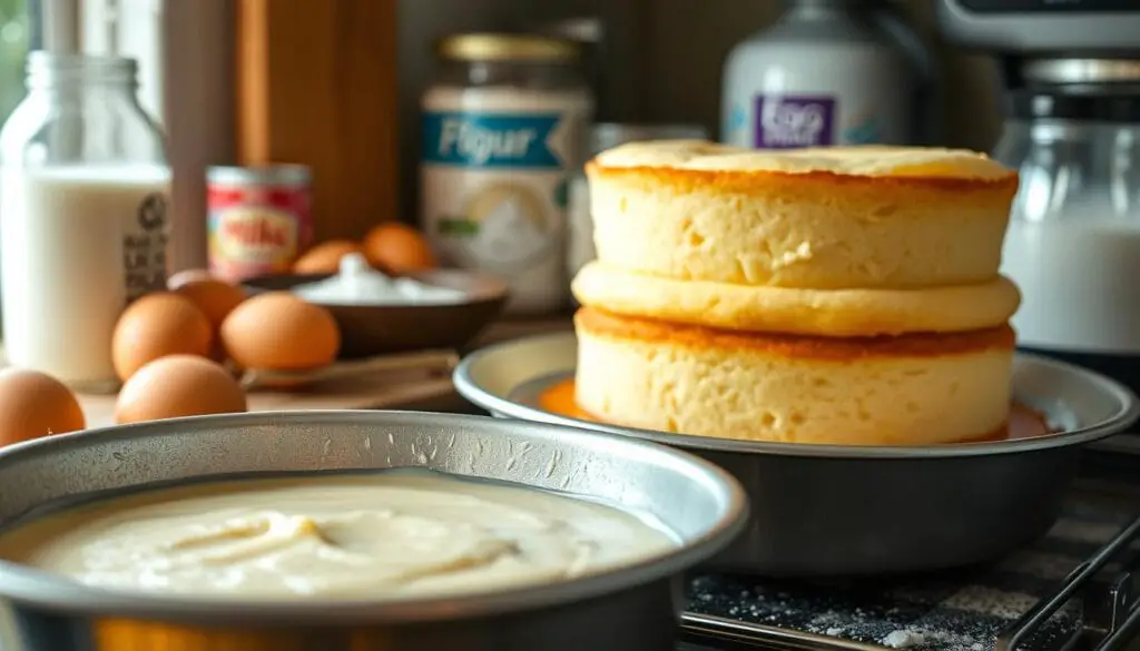 A meticulously detailed three-tiered Tres Leches cake in the process of baking, shot from a low angle with soft, warm lighting. The foreground showcases a baking pan filled with the light, spongy cake batter. The middle ground reveals the cake in the oven, gently rising and developing a delicate golden crust. The background depicts an array of classic baking ingredients like eggs, milk, flour, and sugar, hinting at the cake's traditional preparation. The scene exudes a homely, inviting atmosphere, capturing the essence of a classic, time-honored recipe coming to life. A meticulously detailed three-tiered Tres Leches cake in the process of baking, shot from a low angle with soft, warm lighting. The foreground showcases a baking pan filled with the light, spongy cake batter. The middle ground reveals the cake in the oven, gently rising and developing a delicate golden crust. The background depicts an array of classic baking ingredients like eggs, milk, flour, and sugar, hinting at the cake's traditional preparation. The scene exudes a homely, inviting atmosphere, capturing the essence of a classic, time-honored recipe coming to life.