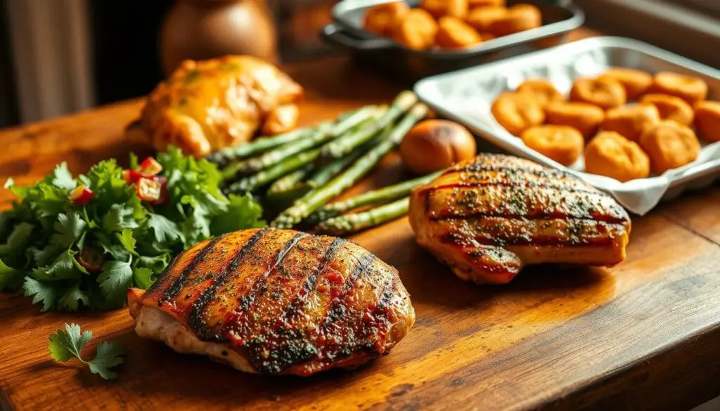 A mouth-watering spread of quick and delicious chicken dishes on a rustic wooden table, bathed in warm, golden light. In the foreground, a juicy grilled chicken breast, seasoned with herbs and spices, sits alongside a vibrant green salad. In the middle, tender chicken thighs in a tantalizing lemon-garlic sauce, accompanied by roasted asparagus spears. In the background, a pan of crispy baked chicken nuggets, perfect for busy weeknights. The scene exudes an inviting, homey atmosphere, promising satisfying meals that can be prepared in 30 minutes or less, sure to delight the whole family. A mouth-watering spread of quick and delicious chicken dishes on a rustic wooden table, bathed in warm, golden light. In the foreground, a juicy grilled chicken breast, seasoned with herbs and spices, sits alongside a vibrant green salad. In the middle, tender chicken thighs in a tantalizing lemon-garlic sauce, accompanied by roasted asparagus spears. In the background, a pan of crispy baked chicken nuggets, perfect for busy weeknights. The scene exudes an inviting, homey atmosphere, promising satisfying meals that can be prepared in 30 minutes or less, sure to delight the whole family.