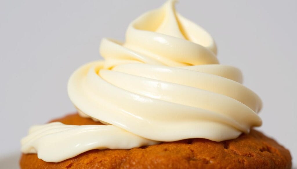 A mouthwatering close-up of a generous swirl of creamy, luscious cream cheese frosting, freshly piped onto a rich, moist carrot cake. The frosting has a soft, pillowy texture with a subtle tang, glistening under bright, natural lighting. It's framed against a clean, neutral background that allows the vibrant orange of the cake to peek through, creating a visually appealing and appetizing scene. The overall mood is one of homemade decadence and culinary delight. A mouthwatering close-up of a generous swirl of creamy, luscious cream cheese frosting, freshly piped onto a rich, moist carrot cake. The frosting has a soft, pillowy texture with a subtle tang, glistening under bright, natural lighting. It's framed against a clean, neutral background that allows the vibrant orange of the cake to peek through, creating a visually appealing and appetizing scene. The overall mood is one of homemade decadence and culinary delight.