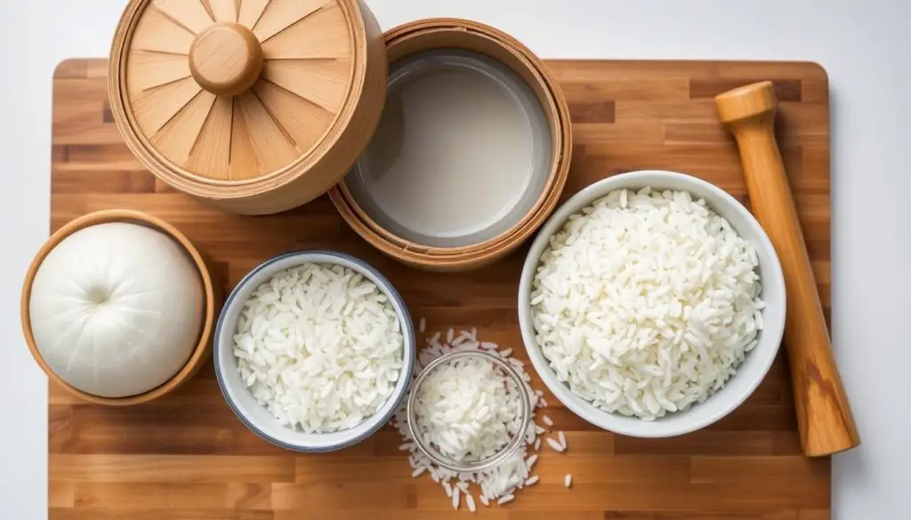 A neatly arranged assortment of essential ingredients for homemade rice cakes, including short-grain white rice, a bowl of water, a bamboo steamer with a lid, and a wooden mallet or mallet on a wooden surface. The items are evenly lit from the front, creating soft shadows and highlighting the textures and colors of the natural materials. The background is a simple, uncluttered white or light-colored surface, allowing the ingredients to be the focal point of the image. A neatly arranged assortment of essential ingredients for homemade rice cakes, including short-grain white rice, a bowl of water, a bamboo steamer with a lid, and a wooden mallet or mallet on a wooden surface. The items are evenly lit from the front, creating soft shadows and highlighting the textures and colors of the natural materials. The background is a simple, uncluttered white or light-colored surface, allowing the ingredients to be the focal point of the image.
