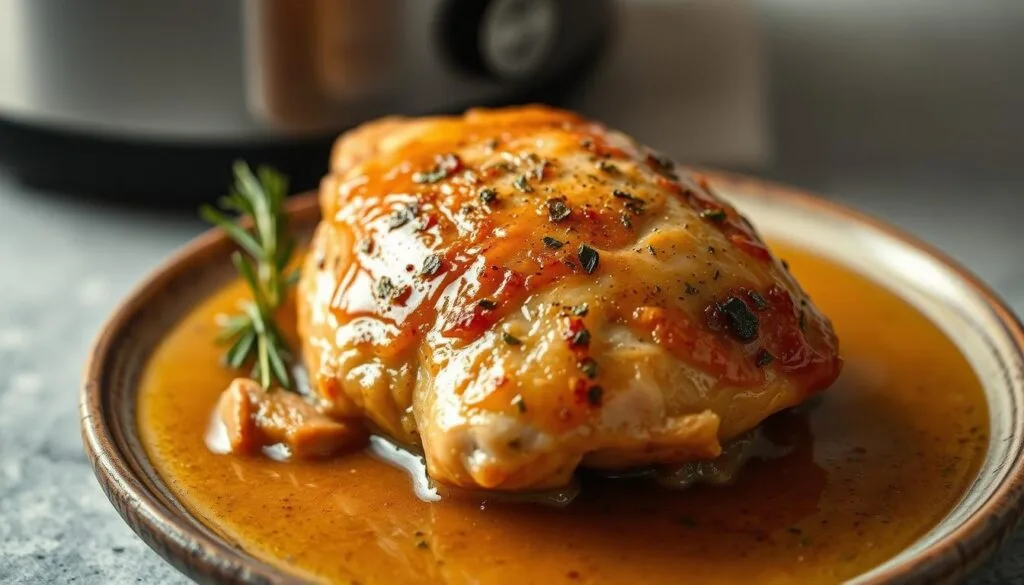 A perfectly cooked chicken breast slow-simmered in a modern crock pot, its tender juices glistening under the warm glow of soft, natural lighting. The meat is fork-tender, lightly seasoned with a hint of garlic, herbs, and a touch of lemon. The scene is captured in a close-up, high-resolution photograph with a shallow depth of field, emphasizing the succulent texture and inviting aroma of the dish. Presented on a simple, rustic ceramic plate against a neutral, minimalist background, conveying a sense of homestyle comfort and culinary mastery. A perfectly cooked chicken breast slow-simmered in a modern crock pot, its tender juices glistening under the warm glow of soft, natural lighting. The meat is fork-tender, lightly seasoned with a hint of garlic, herbs, and a touch of lemon. The scene is captured in a close-up, high-resolution photograph with a shallow depth of field, emphasizing the succulent texture and inviting aroma of the dish. Presented on a simple, rustic ceramic plate against a neutral, minimalist background, conveying a sense of homestyle comfort and culinary mastery.