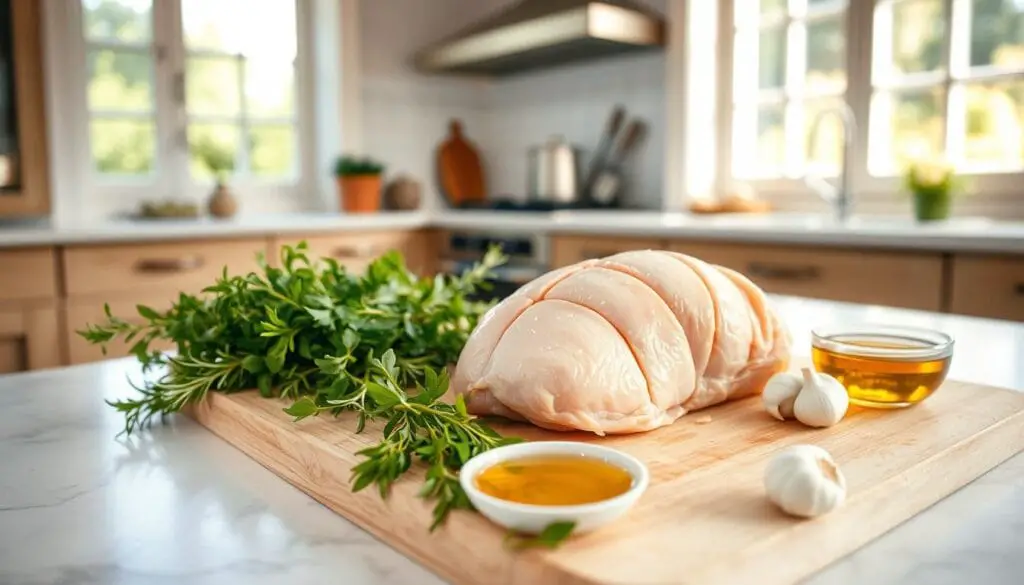 A pristine kitchen counter, bathed in soft natural light from large windows. At the center, a raw chicken breast, meticulously trimmed and scored, rests on a wooden cutting board. Surrounding it, an arrangement of fresh herbs - rosemary, thyme, and oregano - their verdant leaves glistening. A small bowl of golden olive oil and a handful of garlic cloves complete the mise en place. The scene exudes an air of rustic Italian charm, hinting at the flavorful Tuscan dish to come. A pristine kitchen counter, bathed in soft natural light from large windows. At the center, a raw chicken breast, meticulously trimmed and scored, rests on a wooden cutting board. Surrounding it, an arrangement of fresh herbs - rosemary, thyme, and oregano - their verdant leaves glistening. A small bowl of golden olive oil and a handful of garlic cloves complete the mise en place. The scene exudes an air of rustic Italian charm, hinting at the flavorful Tuscan dish to come.
