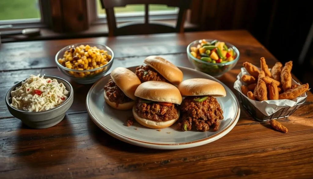 A rustic wooden table set with a platter of Cajun-spiced sloppy joe sandwiches, flanked by a trio of side dishes - creamy coleslaw, a vibrant corn and black bean salad, and crispy fried okra. Soft evening light filters through a window, casting a warm glow over the scene. The table is arranged casually, with a few stray crumbs and drips adding to the homemade, comforting atmosphere. The composition draws the viewer's eye to the main dish, while the complementary sides provide visual interest and a sense of the full dining experience. A rustic wooden table set with a platter of Cajun-spiced sloppy joe sandwiches, flanked by a trio of side dishes - creamy coleslaw, a vibrant corn and black bean salad, and crispy fried okra. Soft evening light filters through a window, casting a warm glow over the scene. The table is arranged casually, with a few stray crumbs and drips adding to the homemade, comforting atmosphere. The composition draws the viewer's eye to the main dish, while the complementary sides provide visual interest and a sense of the full dining experience.