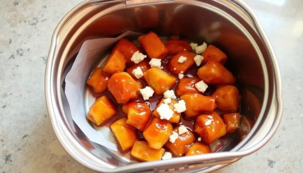 A stainless steel food storage container with a transparent lid sits on a neutral-colored kitchen countertop. Inside, the container holds the remnants of a delectable Hot Honey Feta Chicken dish - tender, juicy chicken pieces coated in a glistening, sticky-sweet honey glaze, with crumbles of tangy feta cheese scattered throughout. The lighting is soft and natural, casting a warm, inviting glow on the leftovers. The scene conveys a sense of culinary satisfaction and the promise of an easy, flavorful meal to come. A stainless steel food storage container with a transparent lid sits on a neutral-colored kitchen countertop. Inside, the container holds the remnants of a delectable Hot Honey Feta Chicken dish - tender, juicy chicken pieces coated in a glistening, sticky-sweet honey glaze, with crumbles of tangy feta cheese scattered throughout. The lighting is soft and natural, casting a warm, inviting glow on the leftovers. The scene conveys a sense of culinary satisfaction and the promise of an easy, flavorful meal to come.