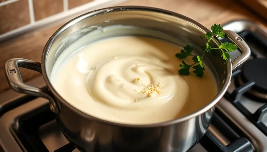 A stainless steel saucepan sits atop a gas stovetop, its contents swirling with a rich, creamy Alfredo sauce. Heavy cream and grated Parmesan cheese blend together, creating a silky, luminous texture. Sprigs of fresh parsley add a vibrant green accent, while a light, soft lighting from above bathes the scene in a warm, inviting glow. The camera captures the sauce in a close-up, angled view, highlighting the luxurious consistency and the smooth, velvety sheen of the Alfredo as it's being prepared, ready to be poured over freshly cooked pasta. A stainless steel saucepan sits atop a gas stovetop, its contents swirling with a rich, creamy Alfredo sauce. Heavy cream and grated Parmesan cheese blend together, creating a silky, luminous texture. Sprigs of fresh parsley add a vibrant green accent, while a light, soft lighting from above bathes the scene in a warm, inviting glow. The camera captures the sauce in a close-up, angled view, highlighting the luxurious consistency and the smooth, velvety sheen of the Alfredo as it's being prepared, ready to be poured over freshly cooked pasta.