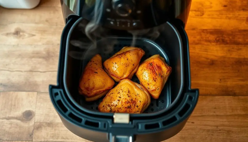 A steaming air fryer sits on a rustic wooden countertop, its contents sizzling with golden-brown chicken thighs. Tender meat gives way to a crisp, seasoned skin, glistening under the warm, even light flooding the modern kitchen. Herbs and spices add depth to the savory aroma, enticing the viewer to imagine the satisfying crunch and flavorful juices. The air fryer's sleek, minimalist design reflects the quick, effortless cooking method, perfectly suited for a busy home chef seeking a delicious, stress-free meal. An overhead perspective captures the scene, emphasizing the air fryer's efficient, time-saving abilities to produce succulent, restaurant-quality chicken thighs with ease. A steaming air fryer sits on a rustic wooden countertop, its contents sizzling with golden-brown chicken thighs. Tender meat gives way to a crisp, seasoned skin, glistening under the warm, even light flooding the modern kitchen. Herbs and spices add depth to the savory aroma, enticing the viewer to imagine the satisfying crunch and flavorful juices. The air fryer's sleek, minimalist design reflects the quick, effortless cooking method, perfectly suited for a busy home chef seeking a delicious, stress-free meal. An overhead perspective captures the scene, emphasizing the air fryer's efficient, time-saving abilities to produce succulent, restaurant-quality chicken thighs with ease.
