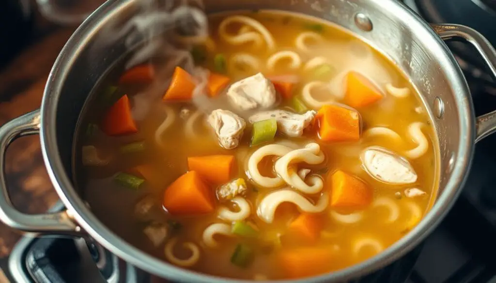 A steaming pot of homemade chicken noodle soup simmering on a rustic stovetop. Close-up view showcasing chunky carrots, celery, and tender chicken pieces swimming in a flavorful, golden broth. Wispy tendrils of steam rising, capturing the comforting aroma. Soft, curled noodles nestled throughout, ready to be savored. Warm, soft lighting illuminates the scene, creating a cozy, inviting atmosphere. Subtle reflections dance across the polished pot, hinting at the care and attention to detail in its preparation. An authentic, heartwarming representation of a classic dish, capturing the essence of comfort in a bowl. A steaming pot of homemade chicken noodle soup simmering on a rustic stovetop. Close-up view showcasing chunky carrots, celery, and tender chicken pieces swimming in a flavorful, golden broth. Wispy tendrils of steam rising, capturing the comforting aroma. Soft, curled noodles nestled throughout, ready to be savored. Warm, soft lighting illuminates the scene, creating a cozy, inviting atmosphere. Subtle reflections dance across the polished pot, hinting at the care and attention to detail in its preparation. An authentic, heartwarming representation of a classic dish, capturing the essence of comfort in a bowl.