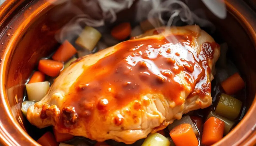 A succulent slow-cooked chicken breast dish, steaming hot and glistening with a savory sauce. The tender meat sits atop a bed of aromatic vegetables - carrots, celery, and onions - in a rustic earthenware pot. Soft lighting from above casts a warm glow, highlighting the dish's comforting textures and rich flavors. The scene evokes feelings of homemade goodness and easy, fuss-free cooking. A perfect representation of the "Savory Chicken Breast Slow Cooker Dishes" section. A succulent slow-cooked chicken breast dish, steaming hot and glistening with a savory sauce. The tender meat sits atop a bed of aromatic vegetables - carrots, celery, and onions - in a rustic earthenware pot. Soft lighting from above casts a warm glow, highlighting the dish's comforting textures and rich flavors. The scene evokes feelings of homemade goodness and easy, fuss-free cooking. A perfect representation of the "Savory Chicken Breast Slow Cooker Dishes" section.