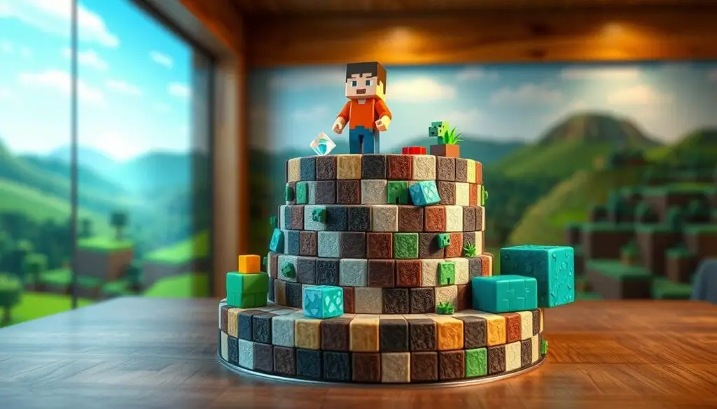 Highly detailed, photorealistic rendering of a Minecraft-themed birthday cake, featuring intricate decorations inspired by the game's iconic blocks, ores, and characters. The cake is displayed on a wooden table, with soft, directional lighting illuminating the various textures and details. In the foreground, sculpted fondant blocks, creepers, and diamond ore accents adorn the cake's tiers, while in the middle ground, a sugarpaste Steve figurine stands proudly atop the creation. The background showcases a lush, pixelated landscape with rolling hills, a blue sky, and wispy clouds, creating a whimsical, immersive Minecraft atmosphere. The overall scene evokes a sense of creativity, celebration, and the joy of gaming. Highly detailed, photorealistic rendering of a Minecraft-themed birthday cake, featuring intricate decorations inspired by the game's iconic blocks, ores, and characters. The cake is displayed on a wooden table, with soft, directional lighting illuminating the various textures and details. In the foreground, sculpted fondant blocks, creepers, and diamond ore accents adorn the cake's tiers, while in the middle ground, a sugarpaste Steve figurine stands proudly atop the creation. The background showcases a lush, pixelated landscape with rolling hills, a blue sky, and wispy clouds, creating a whimsical, immersive Minecraft atmosphere. The overall scene evokes a sense of creativity, celebration, and the joy of gaming.