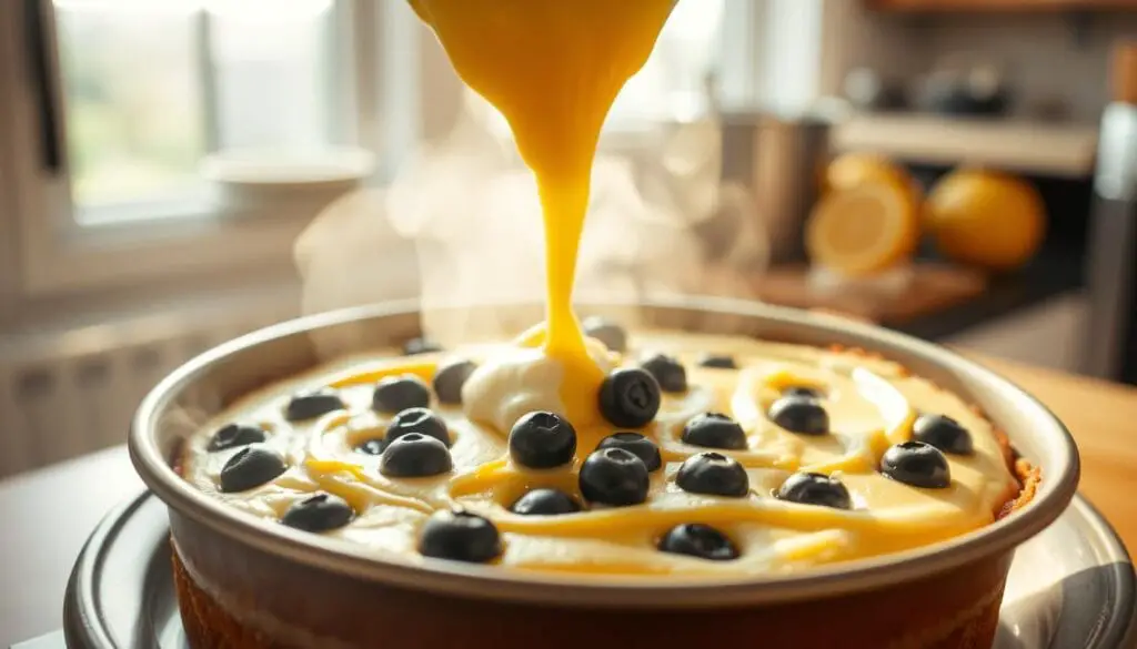 Lush, layered lemon blueberry cake being baked in a well-lit kitchen. Close-up view of the cake batter being poured into a round baking pan, revealing vibrant blueberries and zesty lemon zest folded into the soft, golden cake base. Soft, diffused natural lighting streams in from a large window, creating a warm, inviting atmosphere. Camera tilts up to capture the cake rising in the oven, steam gently wafting from the edges. Mouthwatering aromas of vanilla, citrus, and fresh berries fill the air. The scene conveys the care and craft of baking this delectable dessert. Lush, layered lemon blueberry cake being baked in a well-lit kitchen. Close-up view of the cake batter being poured into a round baking pan, revealing vibrant blueberries and zesty lemon zest folded into the soft, golden cake base. Soft, diffused natural lighting streams in from a large window, creating a warm, inviting atmosphere. Camera tilts up to capture the cake rising in the oven, steam gently wafting from the edges. Mouthwatering aromas of vanilla, citrus, and fresh berries fill the air. The scene conveys the care and craft of baking this delectable dessert.