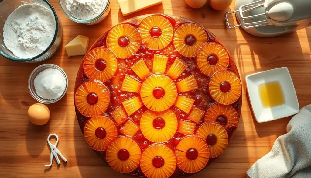 Pineapple Upside Down Cake Preparation A wooden counter is covered with a layer of caramelized pineapple slices, arranged in a visually appealing pattern. Surrounding the pineapple are various baking ingredients - a bowl of flour, sugar, eggs, butter, and a hand mixer. Rays of warm, golden light cascade over the scene, creating a cozy, inviting atmosphere. The image is captured from a high angle, emphasizing the process of cake preparation and the delectable, glistening pineapple topping. The overall composition conveys a sense of homemade comfort and the mouthwatering anticipation of a freshly baked pineapple upside down cake. Pineapple Upside Down Cake Preparation A wooden counter is covered with a layer of caramelized pineapple slices, arranged in a visually appealing pattern. Surrounding the pineapple are various baking ingredients - a bowl of flour, sugar, eggs, butter, and a hand mixer. Rays of warm, golden light cascade over the scene, creating a cozy, inviting atmosphere. The image is captured from a high angle, emphasizing the process of cake preparation and the delectable, glistening pineapple topping. The overall composition conveys a sense of homemade comfort and the mouthwatering anticipation of a freshly baked pineapple upside down cake.