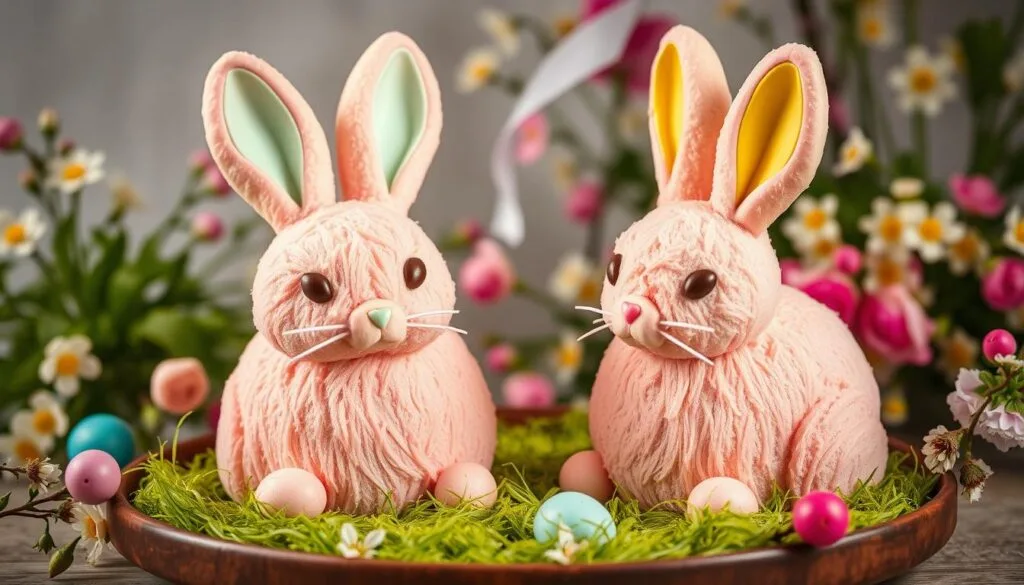 Vegan and Gluten-Free Easter Bunny Cakes: a whimsical scene of two soft, fluffy cakes in the shape of bunnies, frosted with vibrant pastel colors and decorated with fondant or icing details like ears, eyes, and whiskers. The cakes are set against a background of fresh spring flowers, lush greenery, and a light, airy atmosphere, creating a cheerful, inviting display. Warm, diffused lighting highlights the delicate textures and vibrant hues, lending an artisanal, homemade quality. The cakes are photographed from a slightly elevated angle, allowing the viewer to appreciate the intricate design and craftsmanship. An enchanting, whimsical interpretation of traditional Easter bunny cakes, with a modern, plant-based twist. Vegan and Gluten-Free Easter Bunny Cakes: a whimsical scene of two soft, fluffy cakes in the shape of bunnies, frosted with vibrant pastel colors and decorated with fondant or icing details like ears, eyes, and whiskers. The cakes are set against a background of fresh spring flowers, lush greenery, and a light, airy atmosphere, creating a cheerful, inviting display. Warm, diffused lighting highlights the delicate textures and vibrant hues, lending an artisanal, homemade quality. The cakes are photographed from a slightly elevated angle, allowing the viewer to appreciate the intricate design and craftsmanship. An enchanting, whimsical interpretation of traditional Easter bunny cakes, with a modern, plant-based twist.