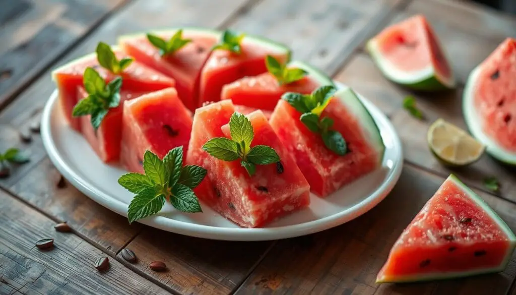 Watermelon cake slices arranged on a rustic wooden table, garnished with fresh mint leaves and lime wedges. Soft, natural lighting casts a warm glow, highlighting the vibrant pink hues and glossy texture of the watermelon. The cake sits on a white platter, with a few scattered watermelon seeds adding a textural contrast. The scene conveys a sense of refreshing, summery elegance, perfectly suited for serving watermelon cake on a hot day. Watermelon cake slices arranged on a rustic wooden table, garnished with fresh mint leaves and lime wedges. Soft, natural lighting casts a warm glow, highlighting the vibrant pink hues and glossy texture of the watermelon. The cake sits on a white platter, with a few scattered watermelon seeds adding a textural contrast. The scene conveys a sense of refreshing, summery elegance, perfectly suited for serving watermelon cake on a hot day.